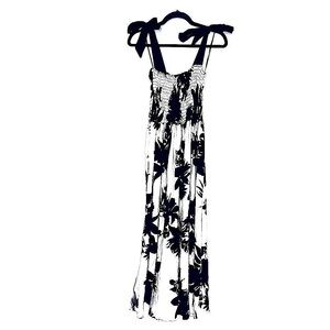 Zara Tie Shoulder Smocked Top Midi Dress XS Black Ivory Floral Print Cotton NWT